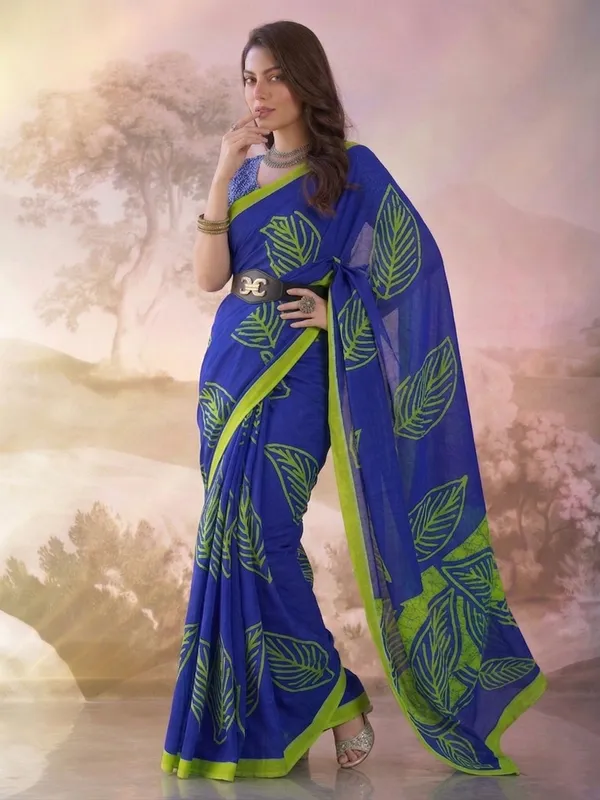 Leelavati_Printed_Floral_Print_Geometric_Print_Blocked_Printed_Daily_Wear_Pure_Cotton_Saree_Blue