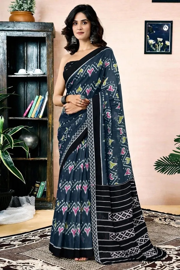 Leelavati_Printed_Floral_Print_Geometric_Print_Blocked_Printed_Daily_Wear_Pure_Cotton_Saree_Grey