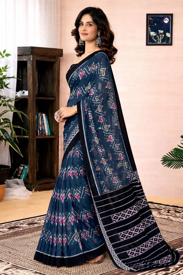 Leelavati_Printed_Floral_Print_Geometric_Print_Blocked_Printed_Daily_Wear_Pure_Cotton_Saree_Grey