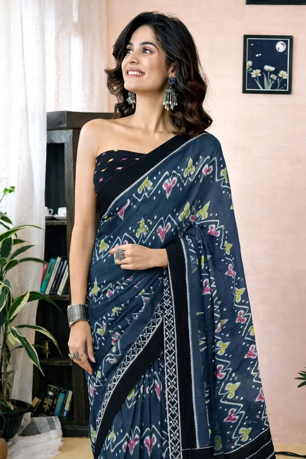Leelavati_Printed_Floral_Print_Geometric_Print_Blocked_Printed_Daily_Wear_Pure_Cotton_Saree_Grey