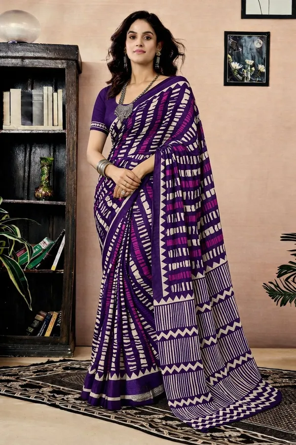 Leelavati_Printed_Floral_Print_Geometric_Print_Blocked_Printed_Daily_Wear_Pure_Cotton_Saree_Purple