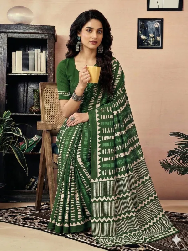 Leelavati_Printed_Floral_Print_Geometric_Print_Blocked_Printed_Daily_Wear_Pure_Cotton_Saree_Green