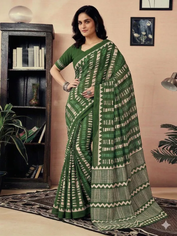 Leelavati_Printed_Floral_Print_Geometric_Print_Blocked_Printed_Daily_Wear_Pure_Cotton_Saree_Green