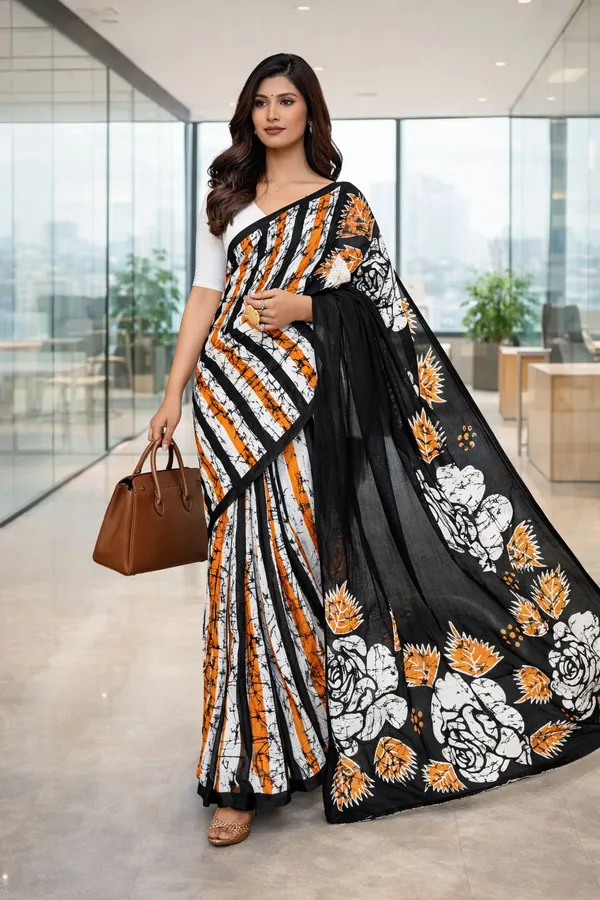 Leelavati_Printed_Floral_Print_Geometric_Print_Blocked_Printed_Daily_Wear_Pure_Cotton_Saree_Black