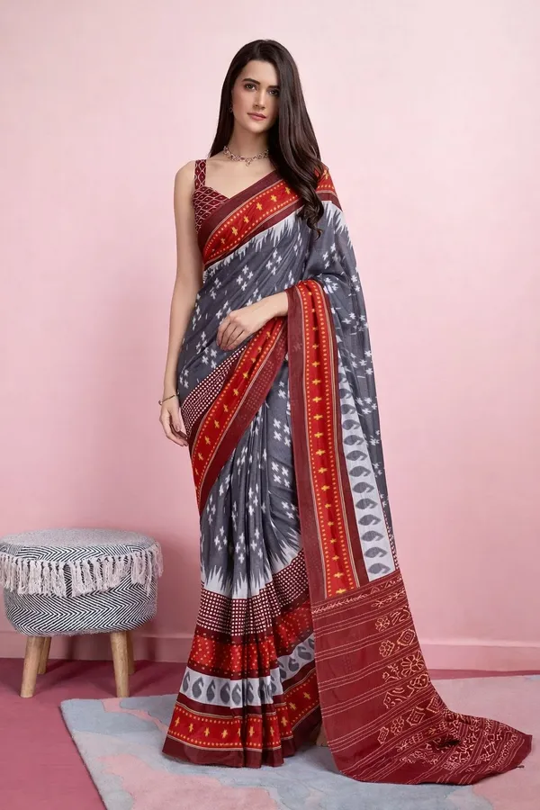 Leelavati_Printed_Floral_Print_Geometric_Print_Blocked_Printed_Daily_Wear_Pure_Cotton_Saree_Grey