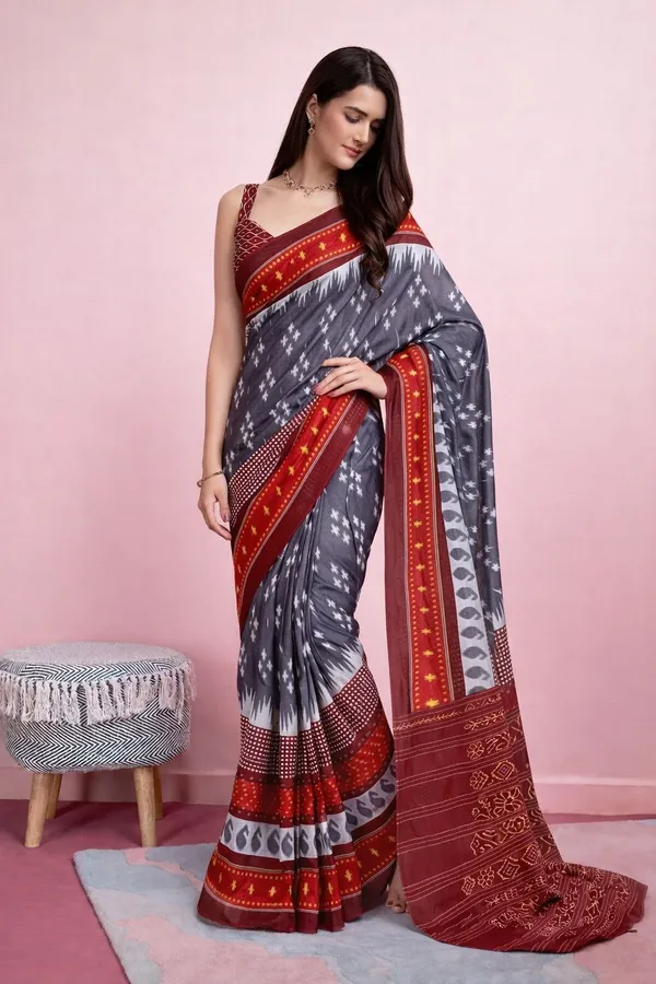 Leelavati_Printed_Floral_Print_Geometric_Print_Blocked_Printed_Daily_Wear_Pure_Cotton_Saree_Grey