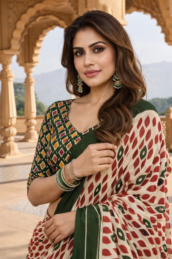 Leelavati_Printed_Floral_Print_Geometric_Print_Blocked_Printed_Daily_Wear_Pure_Cotton_Saree_Green
