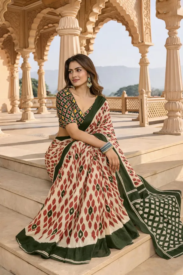 Leelavati_Printed_Floral_Print_Geometric_Print_Blocked_Printed_Daily_Wear_Pure_Cotton_Saree_Green