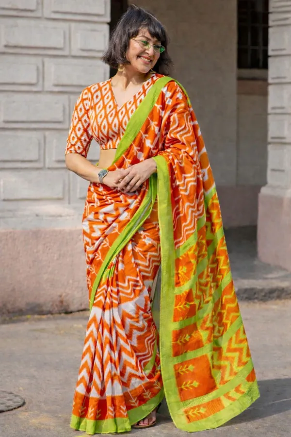 Leelavati_Printed_Floral_Print_Geometric_Print_Blocked_Printed_Daily_Wear_Pure_Cotton_Saree_Orange