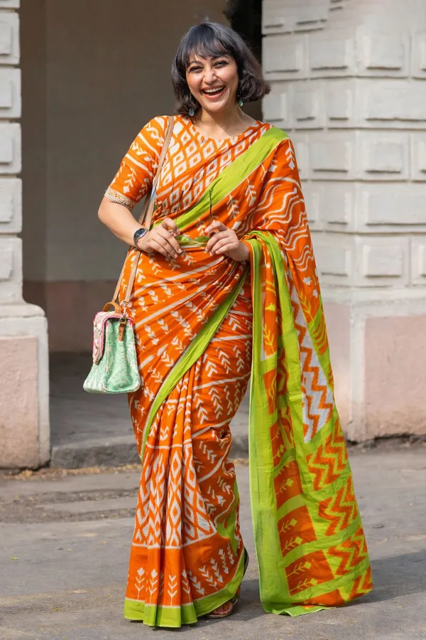 Leelavati_Printed_Floral_Print_Geometric_Print_Blocked_Printed_Daily_Wear_Pure_Cotton_Saree_Orange