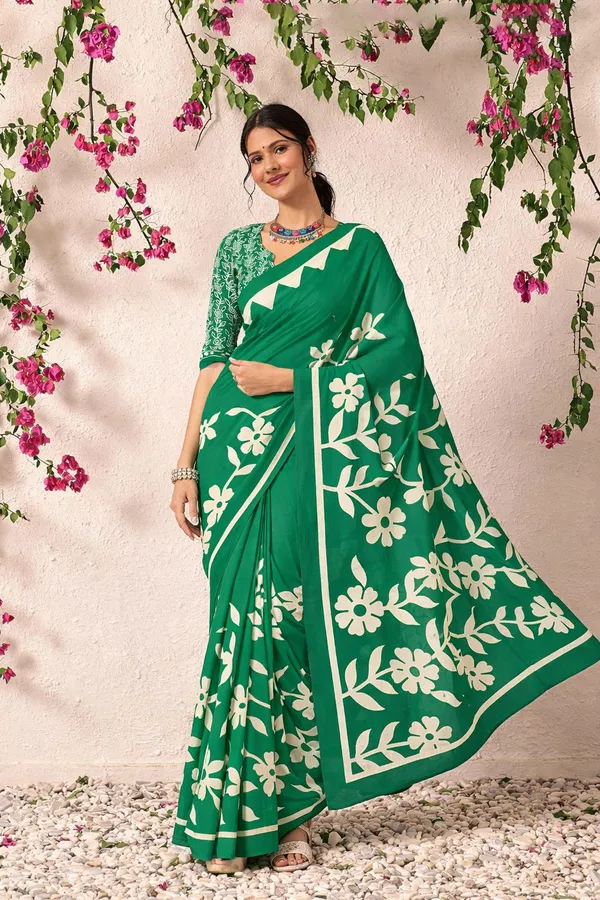 Leelavati_Printed_Floral_Print_Geometric_Print_Blocked_Printed_Daily_Wear_Pure_Cotton_Saree_Green