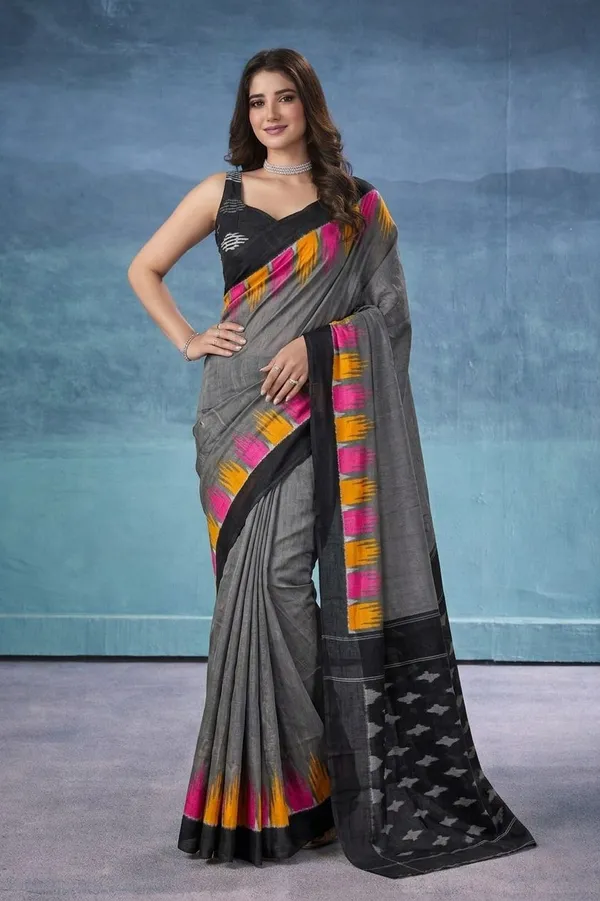 Leelavati_Printed_Floral_Print_Geometric_Print_Blocked_Printed_Daily_Wear_Pure_Cotton_Saree_Grey