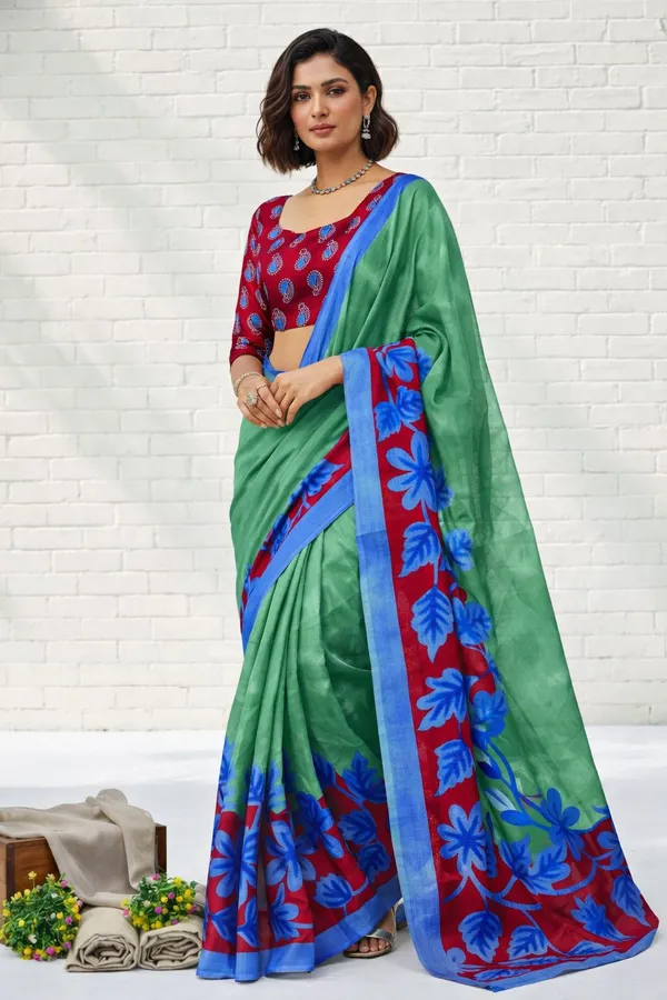 Leelavati_Printed_Floral_Print_Geometric_Print_Blocked_Printed_Daily_Wear_Pure_Cotton_Saree_Blue