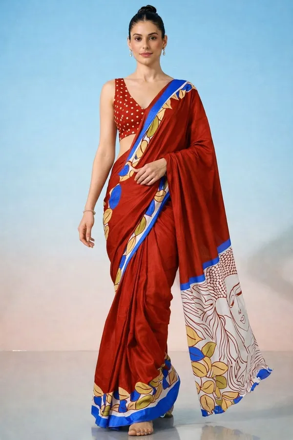 Leelavati_Printed_Floral_Print_Geometric_Print_Blocked_Printed_Daily_Wear_Pure_Cotton_Saree_Red