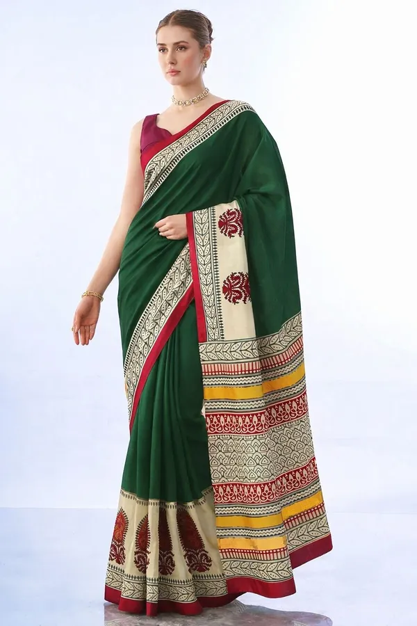 Leelavati_Printed_Floral_Print_Geometric_Print_Blocked_Printed_Daily_Wear_Pure_Cotton_Saree_Green