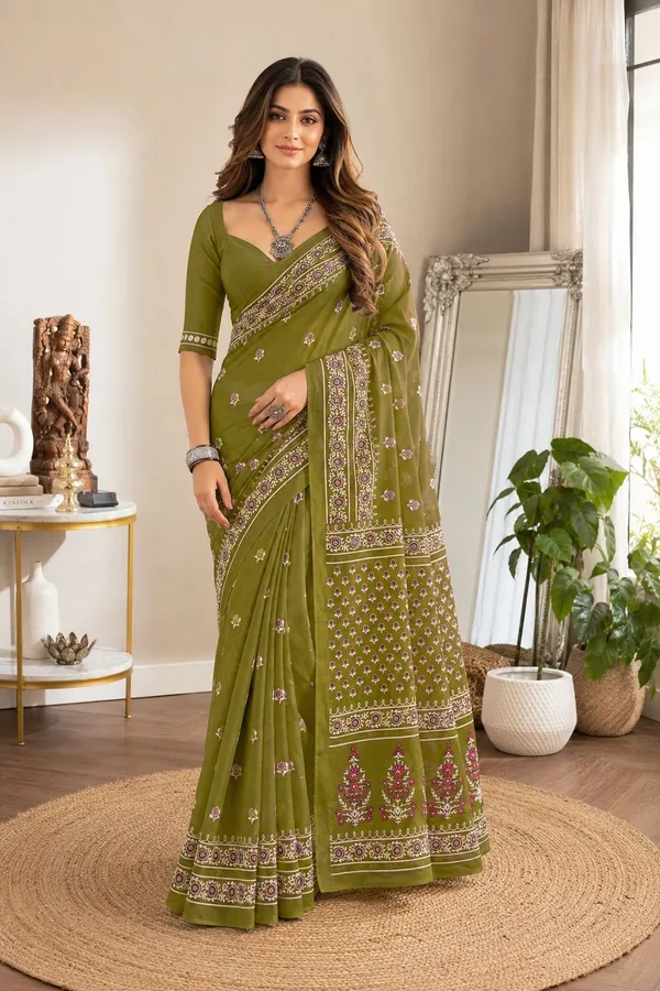 Leelavati_Printed_Floral_Print_Geometric_Print_Blocked_Printed_Daily_Wear_Pure_Cotton_Saree_Green