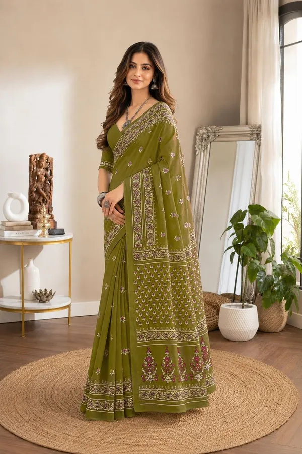 Leelavati_Printed_Floral_Print_Geometric_Print_Blocked_Printed_Daily_Wear_Pure_Cotton_Saree_Green