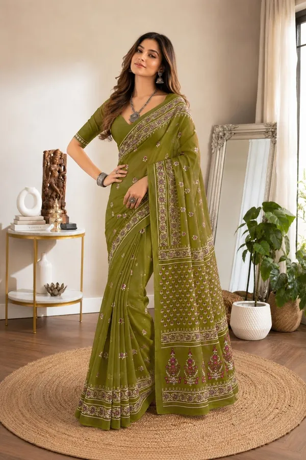 Leelavati_Printed_Floral_Print_Geometric_Print_Blocked_Printed_Daily_Wear_Pure_Cotton_Saree_Green