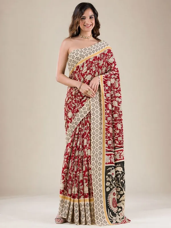 Leelavati_Printed_Floral_Print_Geometric_Print_Blocked_Printed_Daily_Wear_Pure_Cotton_Saree_Maroon