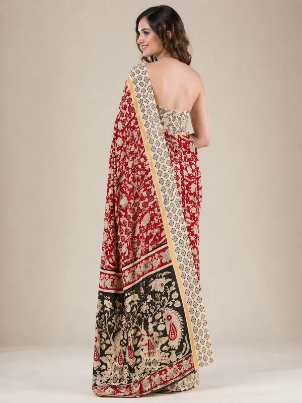 Leelavati_Printed_Floral_Print_Geometric_Print_Blocked_Printed_Daily_Wear_Pure_Cotton_Saree_Maroon