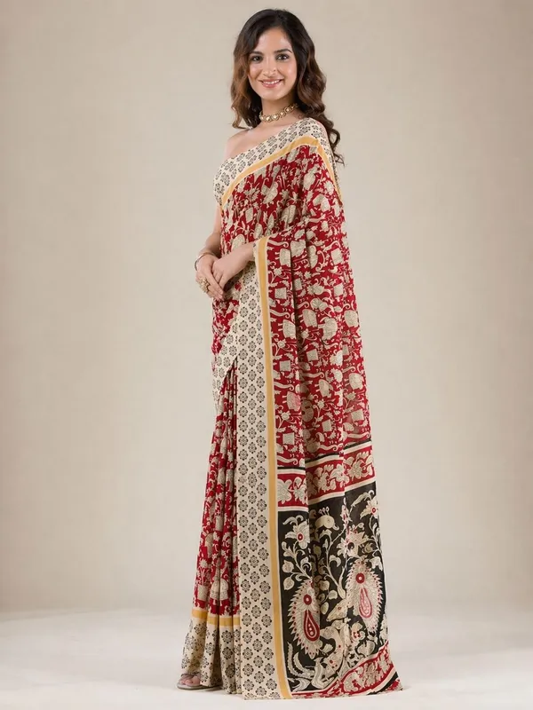 Leelavati_Printed_Floral_Print_Geometric_Print_Blocked_Printed_Daily_Wear_Pure_Cotton_Saree_Maroon