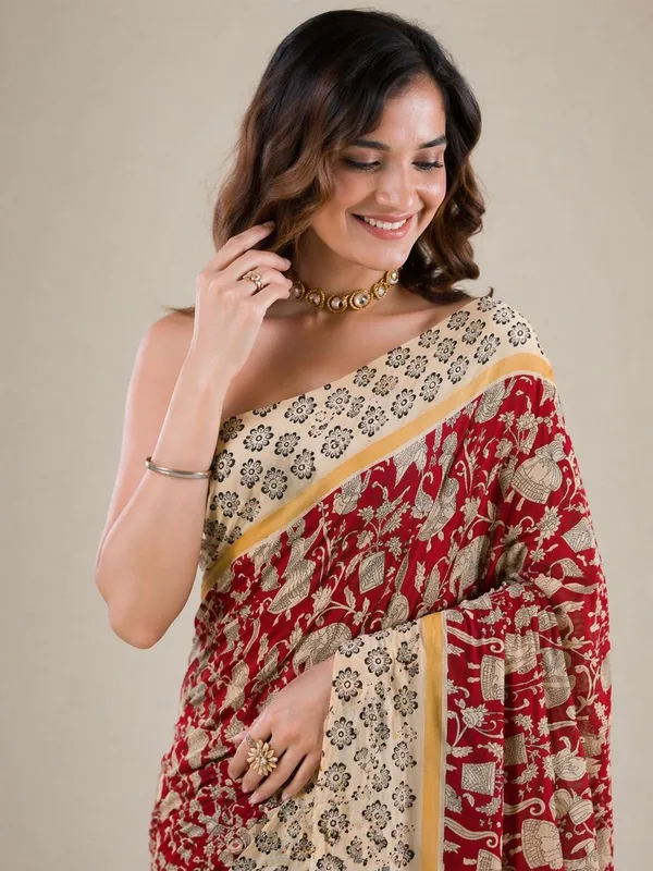 Leelavati_Printed_Floral_Print_Geometric_Print_Blocked_Printed_Daily_Wear_Pure_Cotton_Saree_Maroon