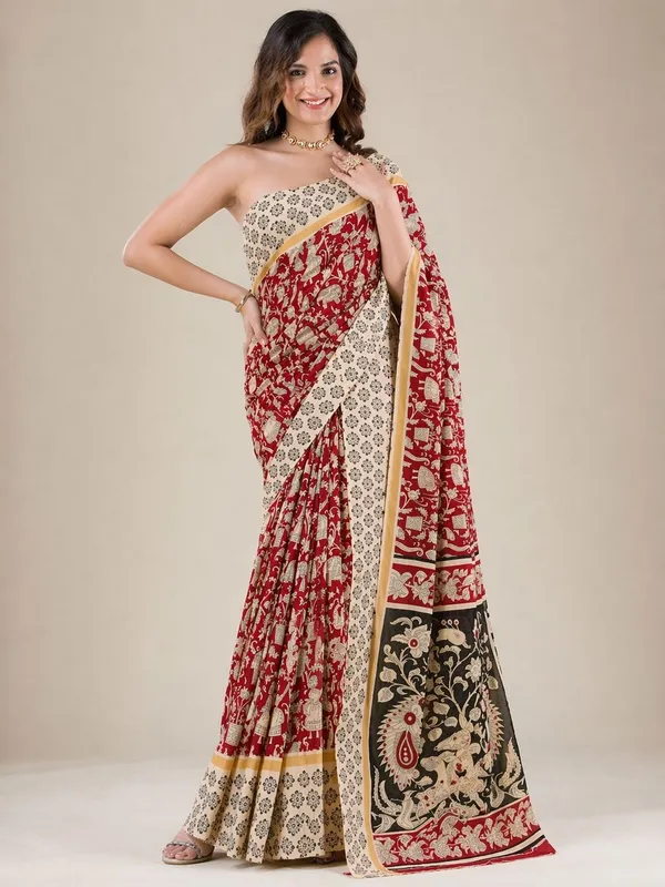 Leelavati_Printed_Floral_Print_Geometric_Print_Blocked_Printed_Daily_Wear_Pure_Cotton_Saree_Maroon