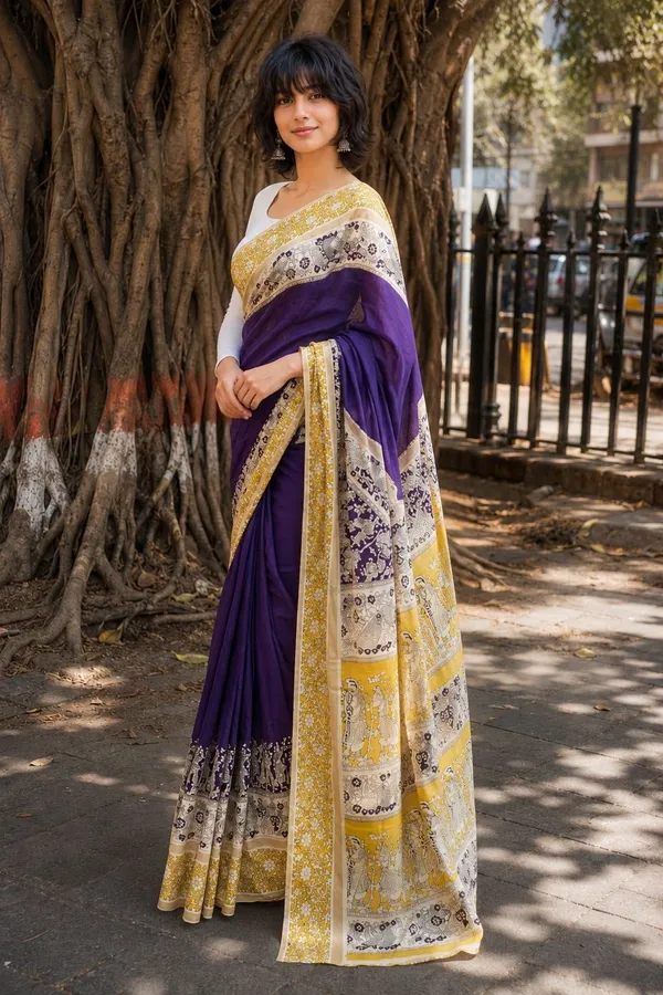Leelavati_Printed_Floral_Print_Geometric_Print_Blocked_Printed_Daily_Wear_Pure_Cotton_Saree_Purple