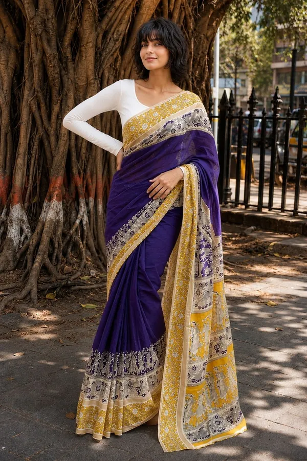 Leelavati_Printed_Floral_Print_Geometric_Print_Blocked_Printed_Daily_Wear_Pure_Cotton_Saree_Purple