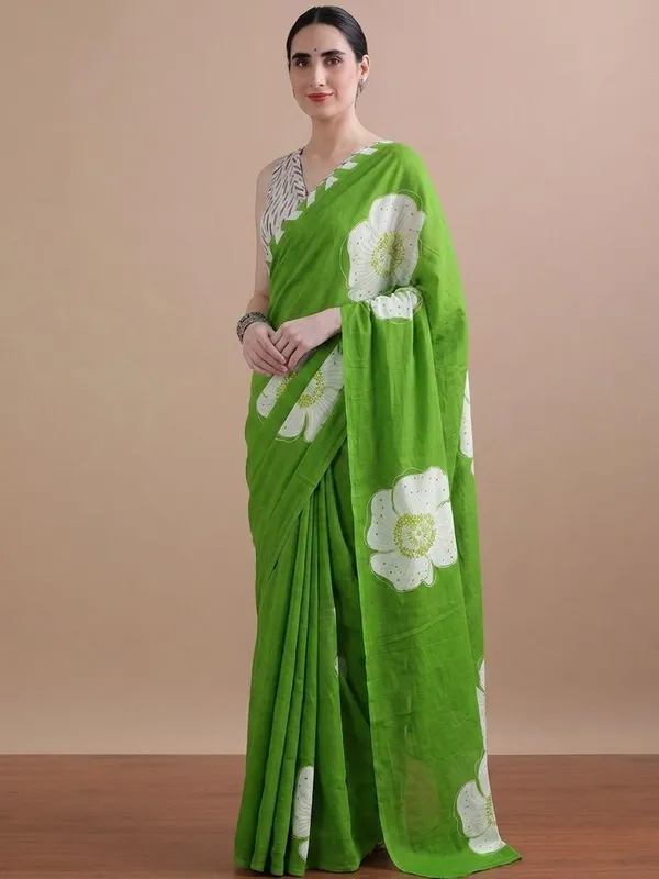 Leelavati_Printed_Floral_Print_Geometric_Print_Blocked_Printed_Daily_Wear_Pure_Cotton_Saree_Green