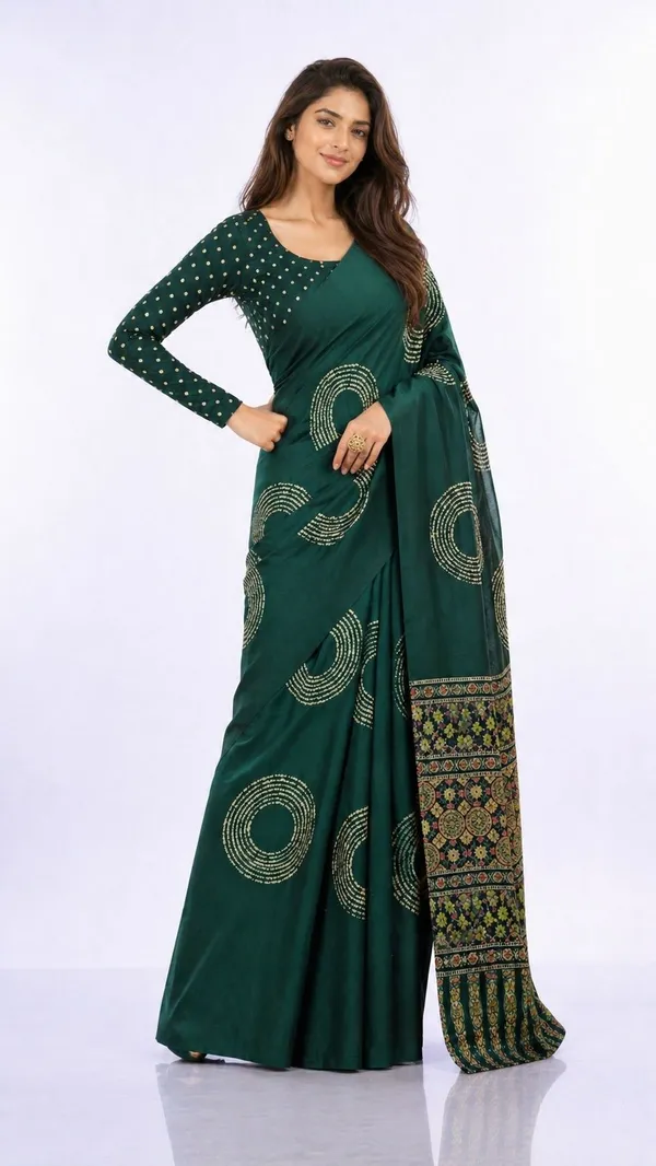 Leelavati_Printed_Floral_Print_Geometric_Print_Blocked_Printed_Daily_Wear_Pure_Cotton_Saree_Green