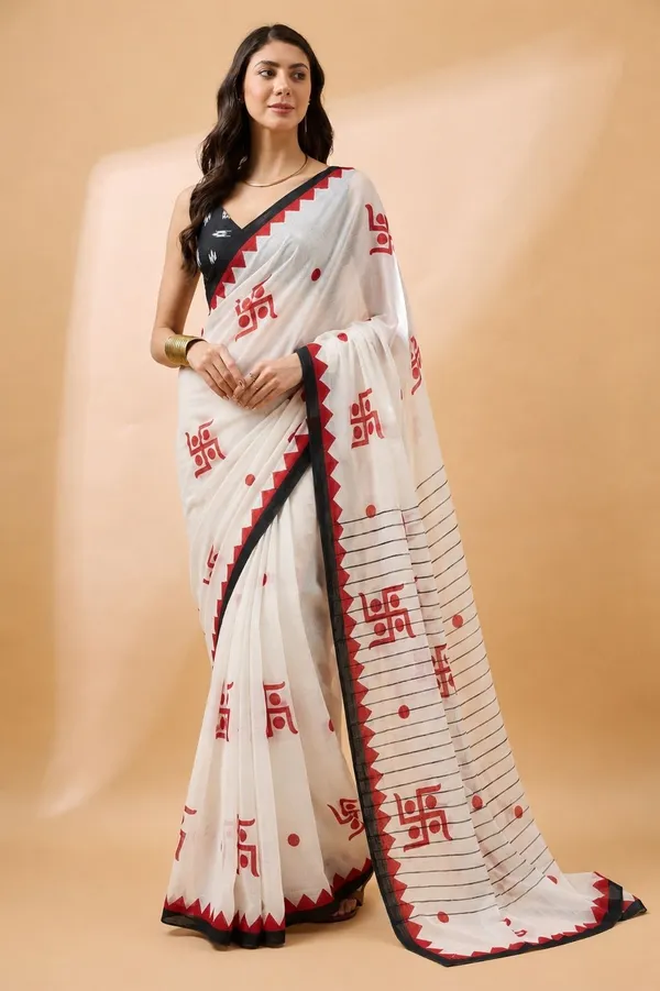 Leelavati_Printed_Floral_Print_Geometric_Print_Blocked_Printed_Daily_Wear_Pure_Cotton_Saree_White_And_Black