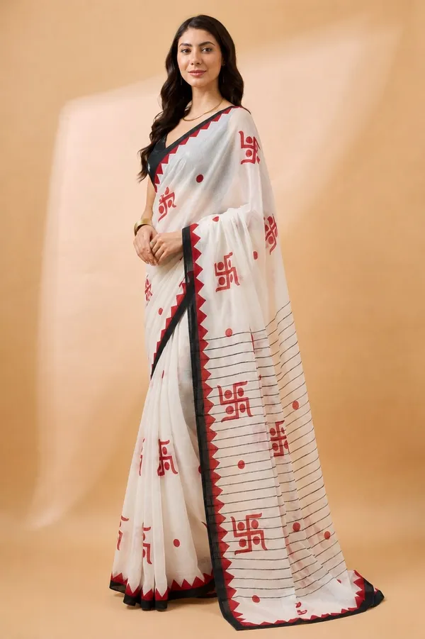 Leelavati_Printed_Floral_Print_Geometric_Print_Blocked_Printed_Daily_Wear_Pure_Cotton_Saree_White_And_Black
