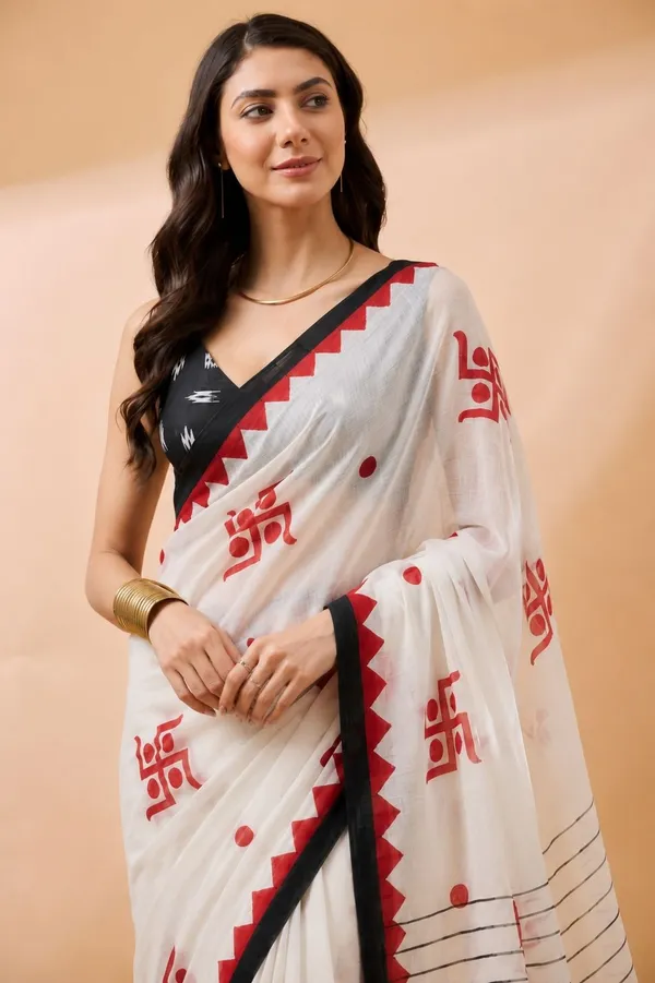 Leelavati_Printed_Floral_Print_Geometric_Print_Blocked_Printed_Daily_Wear_Pure_Cotton_Saree_White_And_Black