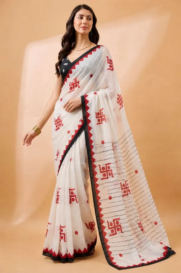 Leelavati_Printed_Floral_Print_Geometric_Print_Blocked_Printed_Daily_Wear_Pure_Cotton_Saree_White_And_Black