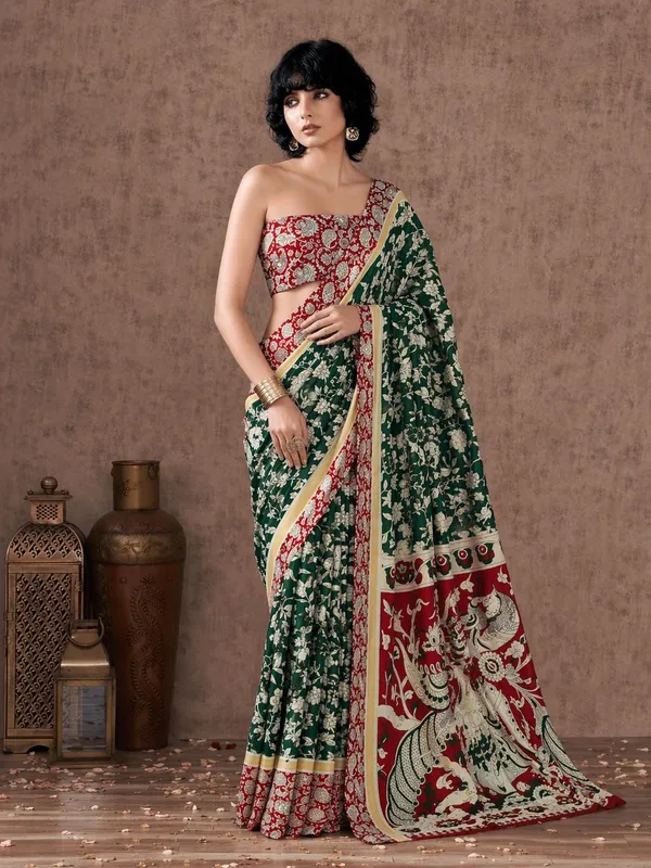 Leelavati_Printed_Floral_Print_Geometric_Print_Blocked_Printed_Daily_Wear_Pure_Cotton_Saree_Green