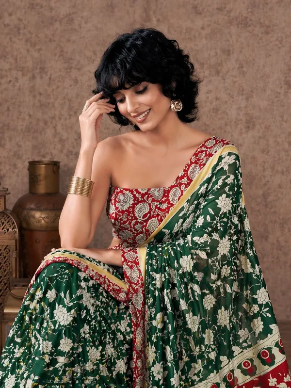 Leelavati_Printed_Floral_Print_Geometric_Print_Blocked_Printed_Daily_Wear_Pure_Cotton_Saree_Green