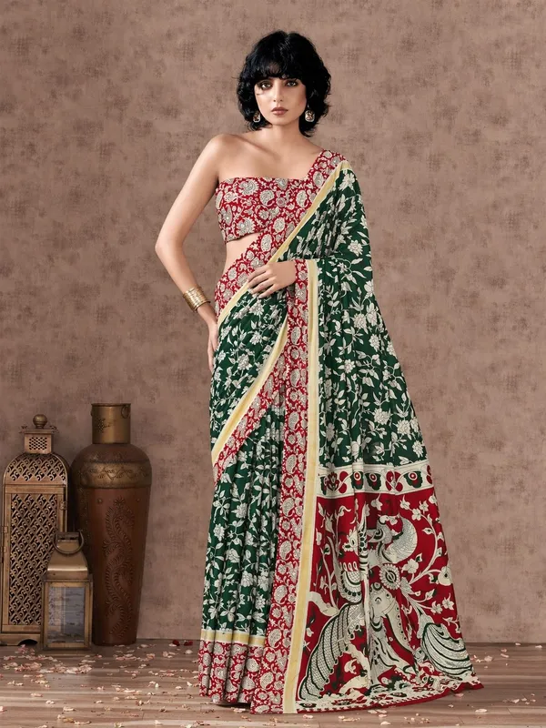 Leelavati_Printed_Floral_Print_Geometric_Print_Blocked_Printed_Daily_Wear_Pure_Cotton_Saree_Green