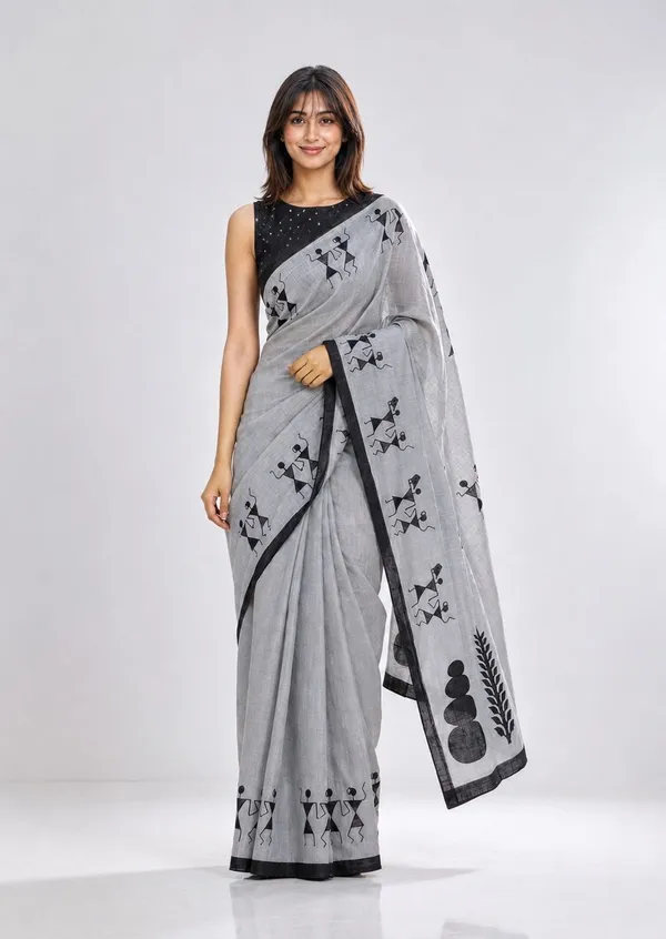 Leelavati_Printed_Floral_Print_Geometric_Print_Blocked_Printed_Daily_Wear_Pure_Cotton_Saree_Grey