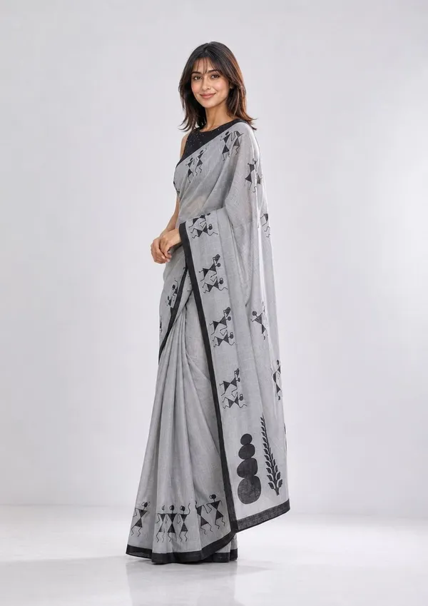 Leelavati_Printed_Floral_Print_Geometric_Print_Blocked_Printed_Daily_Wear_Pure_Cotton_Saree_Grey