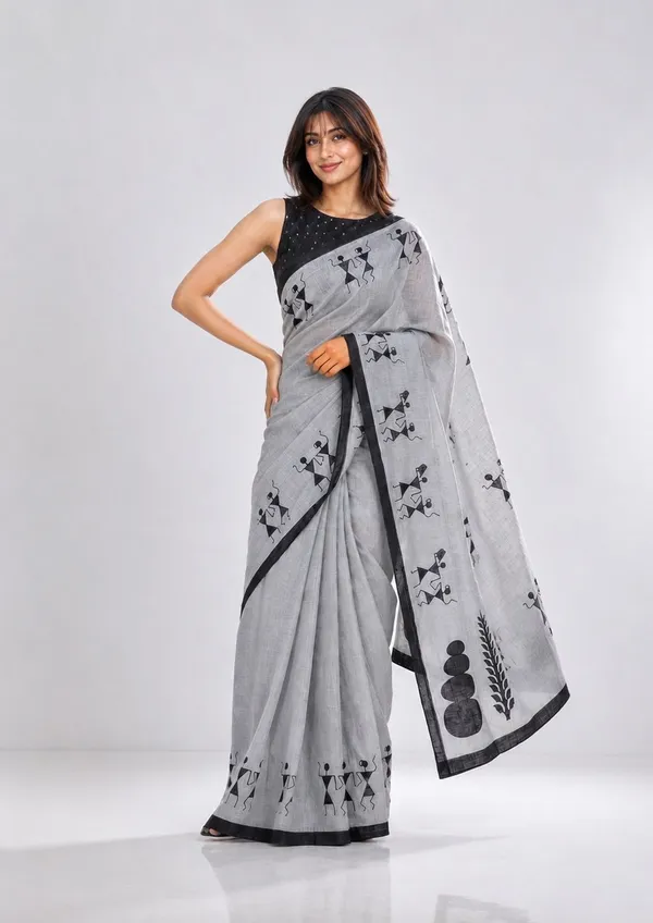 Leelavati_Printed_Floral_Print_Geometric_Print_Blocked_Printed_Daily_Wear_Pure_Cotton_Saree_Grey