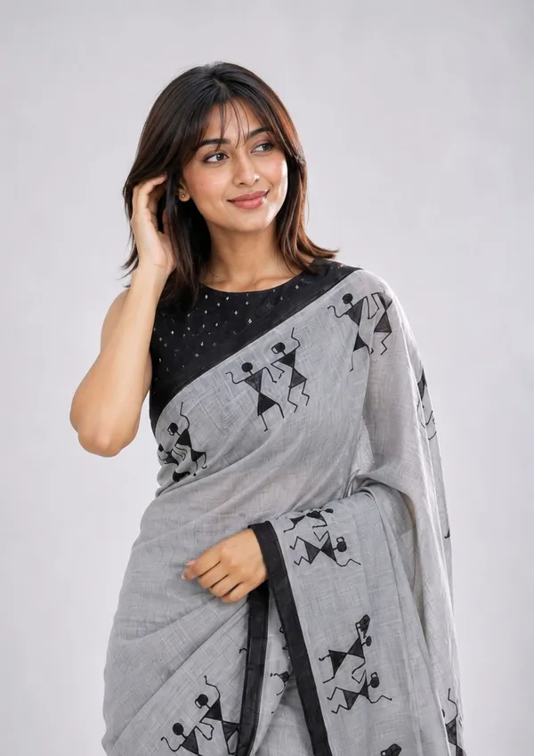 Leelavati_Printed_Floral_Print_Geometric_Print_Blocked_Printed_Daily_Wear_Pure_Cotton_Saree_Grey