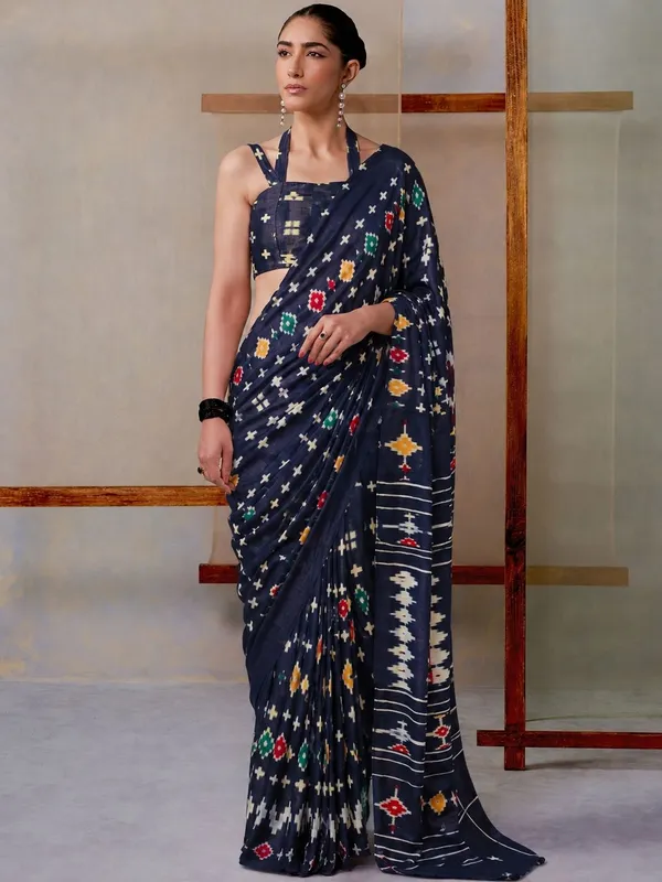 Leelavati_Printed_Floral_Print_Geometric_Print_Blocked_Printed_Daily_Wear_Pure_Cotton_Saree_Dark_Blue