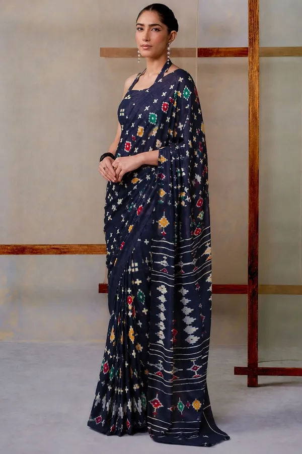 Leelavati_Printed_Floral_Print_Geometric_Print_Blocked_Printed_Daily_Wear_Pure_Cotton_Saree_Dark_Blue
