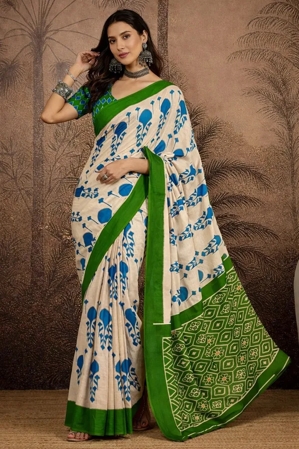 Leelavati_Printed_Floral_Print_Geometric_Print_Blocked_Printed_Daily_Wear_Pure_Cotton_Saree_Light_Blue_And_Green