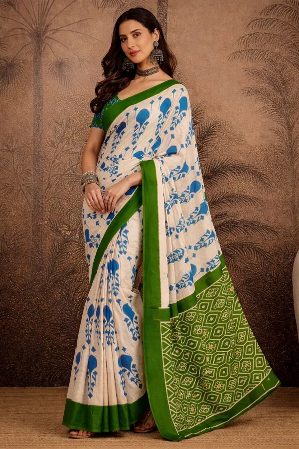 Leelavati_Printed_Floral_Print_Geometric_Print_Blocked_Printed_Daily_Wear_Pure_Cotton_Saree_Light_Blue_And_Green