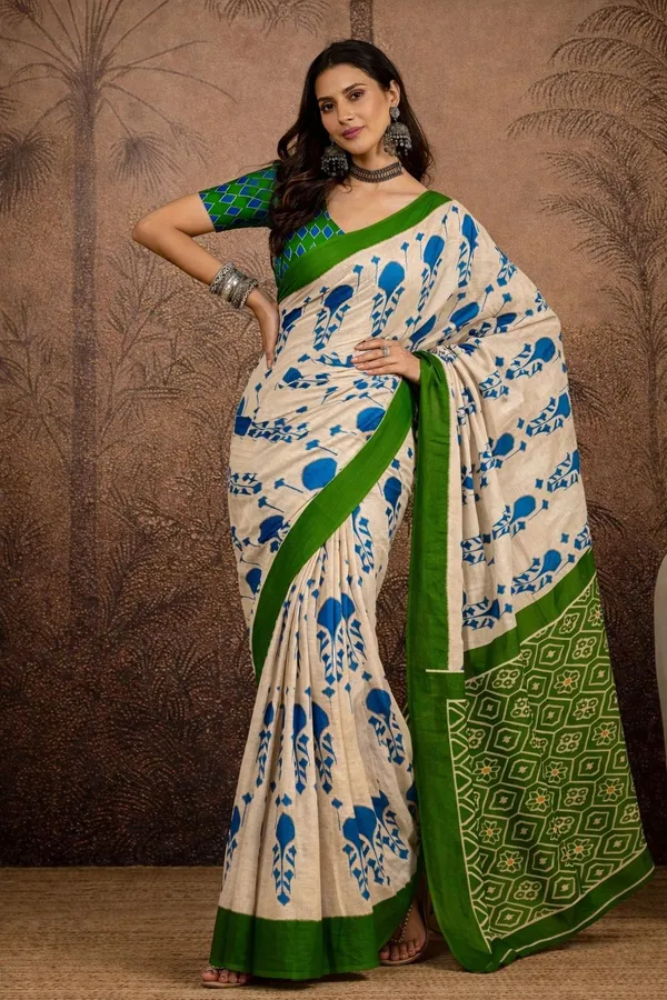 Leelavati_Printed_Floral_Print_Geometric_Print_Blocked_Printed_Daily_Wear_Pure_Cotton_Saree_Light_Blue_And_Green
