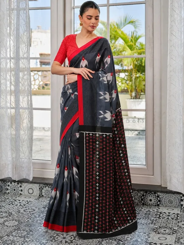 Leelavati_Printed_Floral_Print_Geometric_Print_Blocked_Printed_Daily_Wear_Pure_Cotton_Saree_Grey