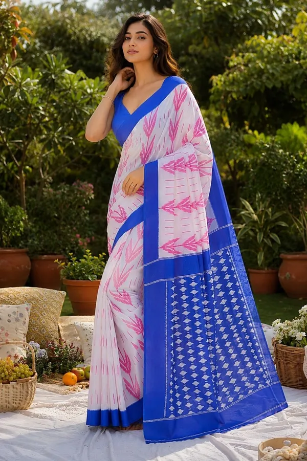 Leelavati_Printed_Floral_Print_Geometric_Print_Blocked_Printed_Daily_Wear_Pure_Cotton_Saree_Pink_And_Blue