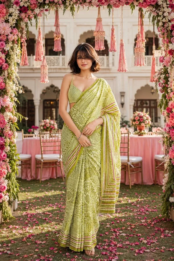 Leelavati_Printed_Floral_Print_Geometric_Print_Blocked_Printed_Daily_Wear_Pure_Cotton_Saree_Green